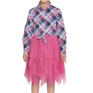 Girl’s Polyster Crepe Lace Inserts Long Sleeves Dress (Pink-Blue)