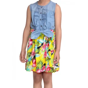 Girl’s Denim Floral Sleeveless Dress (Blue-Yellow)