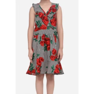 Girl’s Polyester Crepe Floral Shoulder Straps Dress (Red)