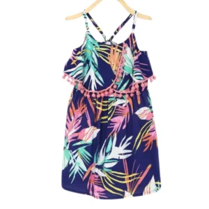 Girl’s Rayon Printed Shoulder Straps Dress (Navy Blue)