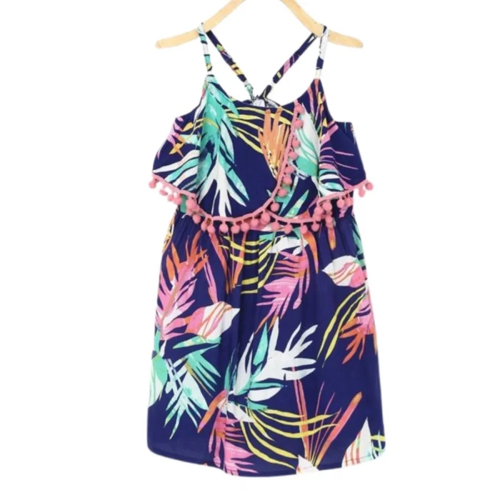 Girl’s Rayon Printed Shoulder Straps Dress (Navy Blue)