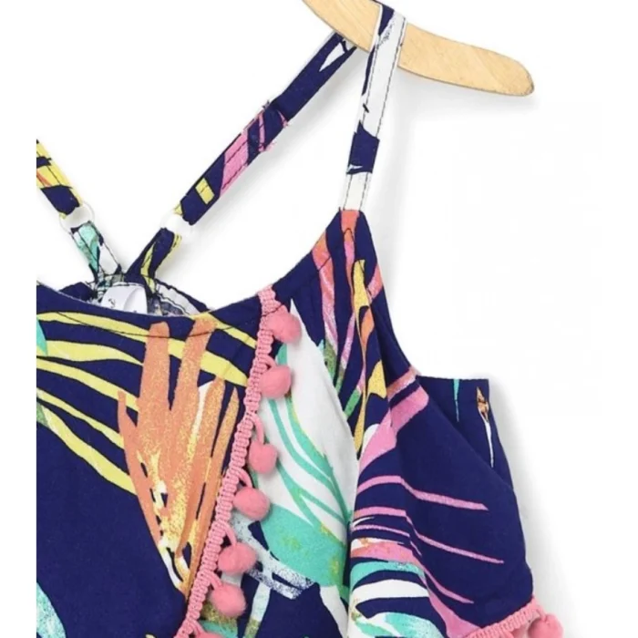 Girl’s Rayon Printed Shoulder Straps Dress (Navy Blue) – view 4
