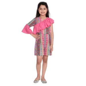 Girl’s Cotton & Polyester Printed 3/4th Sleeves Dress (Pink) – view 2