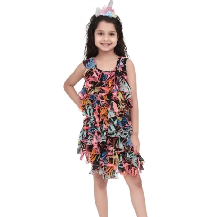 Girl’s Chiffon Ruffled Sleeveless Dress (Black) – view 3