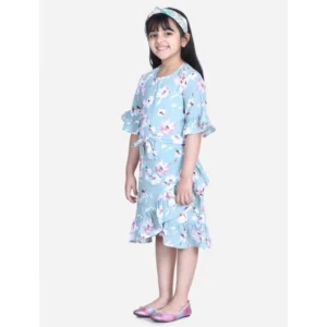 Girl’s Polyester Crepe Floral Bell Sleeve Dress (Turquoise Blue)