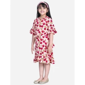 Girl’s Polyester Crepe Floral Bell Sleeve Dress (Red-Pink)