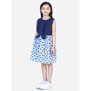 Girl’s Denim Polka Sleeveless Dress (Blue)