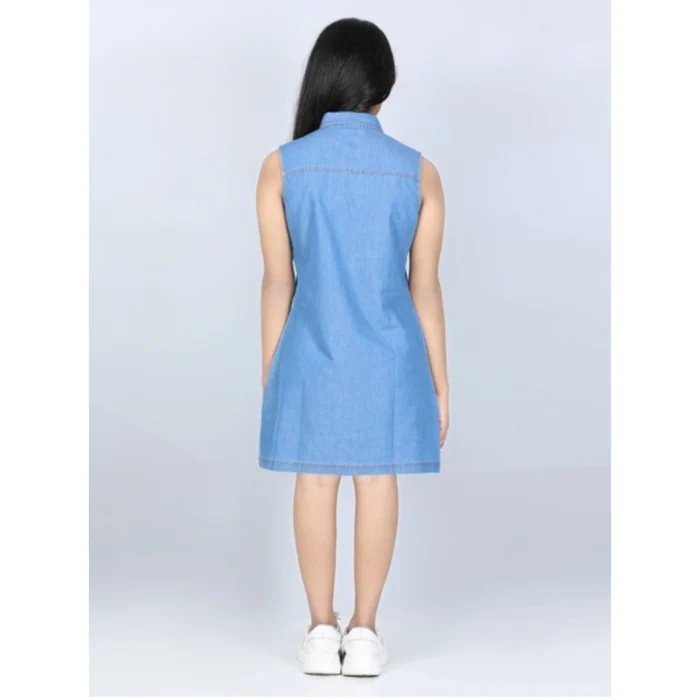 Girl’s Denim Solid Cold Shoulder Dress (Blue) – view 4