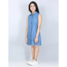 Girl’s Denim Solid Cold Shoulder Dress (Blue) – view 3