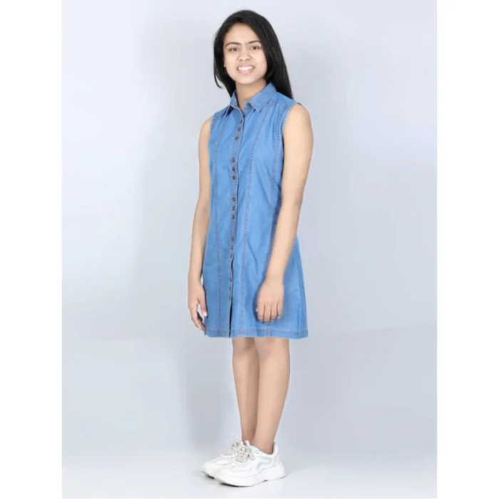 Girl’s Denim Solid Cold Shoulder Dress (Blue) – view 3