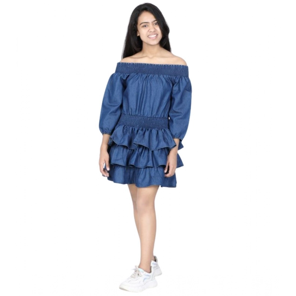Girl’s Denim Solid Off Shoulder Dress (Blue) – view 5