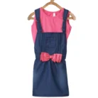 Girl’s Denim & Cotton Bow Sleeveless Dungaree (Pink)