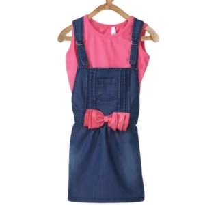 Girl’s Denim & Cotton Bow Sleeveless Dungaree (Pink)