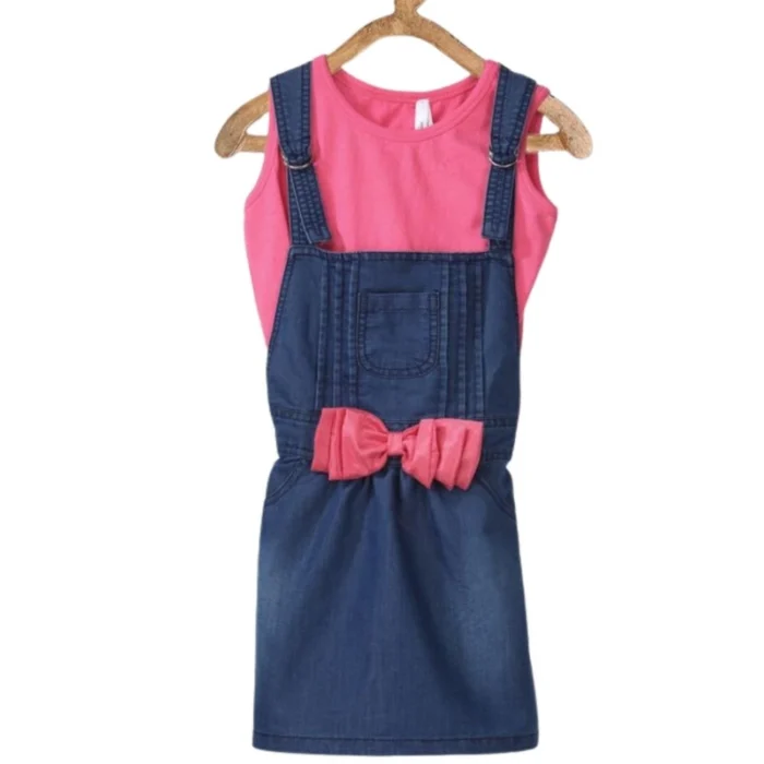 Girl’s Denim & Cotton Bow Sleeveless Dungaree (Pink)