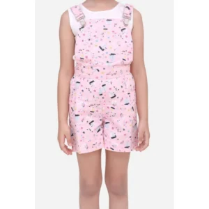 Girl’s Inner- Cotton Printed Sleeveless Dungaree (Light Pink)