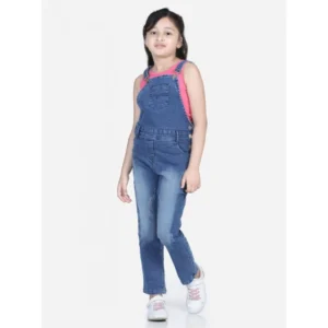 Girl’s Denim Washed Buttoned Dungaree (Blue)