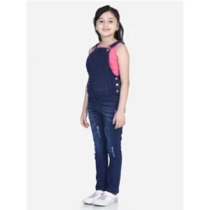 Girl’s Denim Distressed Buttoned Dungaree (Blue)