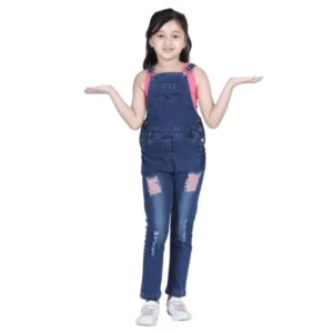 Girl’s Denim Patch Work Buttoned Dungaree (Blue)