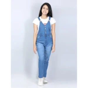 Girl’s Denim Solid Buttoned Dungaree (Blue)
