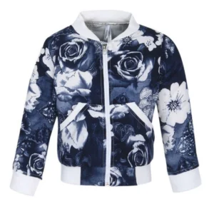 Girl’s Polyester Printed Long Sleeves Bomber Jacket (White-Blue)