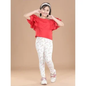 Girl’s Cotton Lycra Floral Elasticated Jeggings (White-Green)