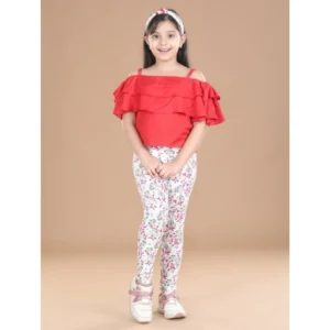 Girl’s Cotton Lycra Floral Elasticated Jeggings (White-Pink)