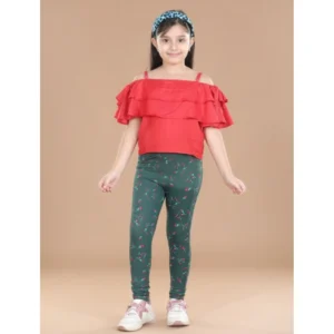 Girl’s Cotton Lycra Floral Elasticated Jeggings (Bottle Green)
