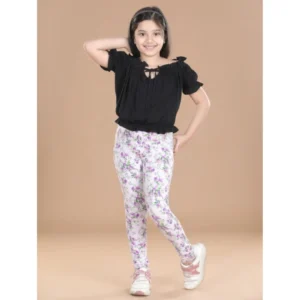 Girl’s Cotton Lycra Floral Elasticated Jeggings (Lavender)