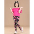 Girl’s Cotton Lycra Floral Elasticated Jeggings (Black-Pink)