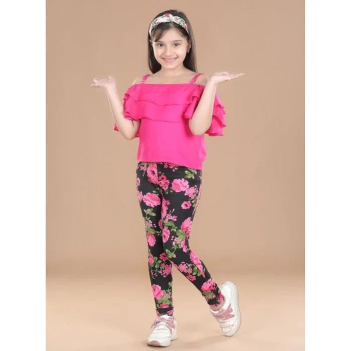 Girl’s Cotton Lycra Floral Elasticated Jeggings (Black-Pink)