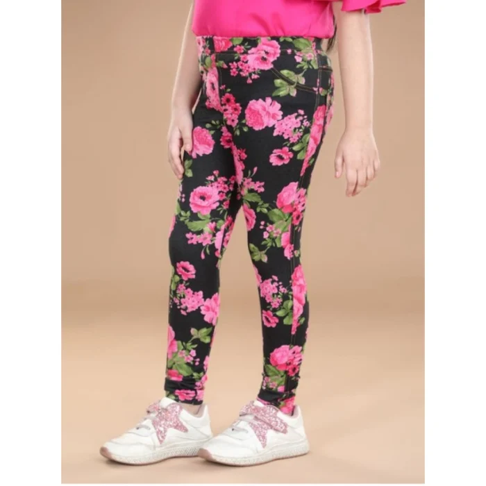 Girl’s Cotton Lycra Floral Elasticated Jeggings (Black-Pink) – view 4