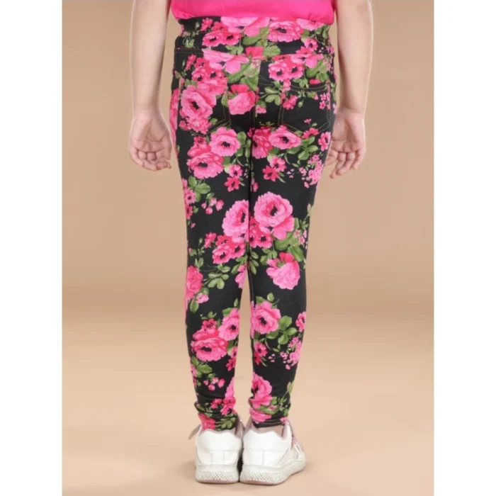 Girl’s Cotton Lycra Floral Elasticated Jeggings (Black-Pink) – view 3