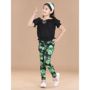 Girl’s Cotton Lycra Floral Elasticated Jeggings (Black-Green)