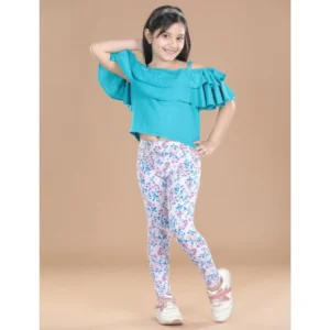 Girl’s Cotton Lycra Floral Elasticated Jeggings (White-Turquoise Blue)