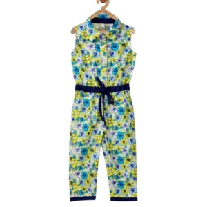 Girl’s Cotton Floral Sleeveless Jumpsuit (Yellow)