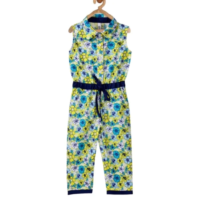 Girl’s Cotton Floral Sleeveless Jumpsuit (Yellow)