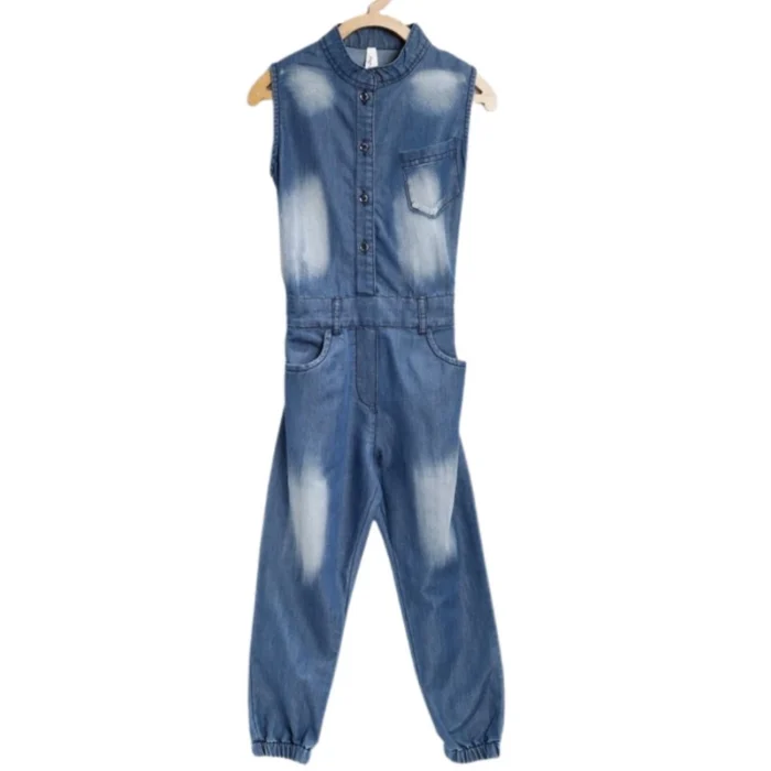 Girl’s Denim Embellished Sleeveless Jumpsuit (Blue)