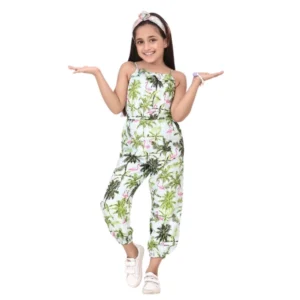 Girl’s Denim Embroidered Sleeveless Jumpsuit (White-Green)