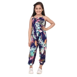 Girl’s Rayon Printed Sleeveless Jumpsuit (Blue-Multicolor)