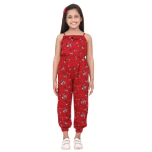 Girl’s Rayon Floral Sleeveless Jumpsuit (Red)