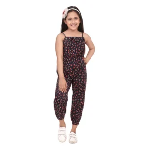 Girl’s Rayon Floral Sleeveless Jumpsuit (Black-Red)
