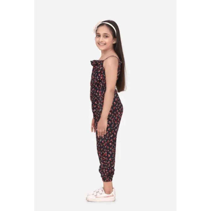 Girl’s Rayon Floral Sleeveless Jumpsuit (Black-Red) – view 3
