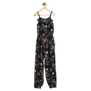 Girl’s Rayon Floral Sleeveless Jumpsuit (Black-Pink)