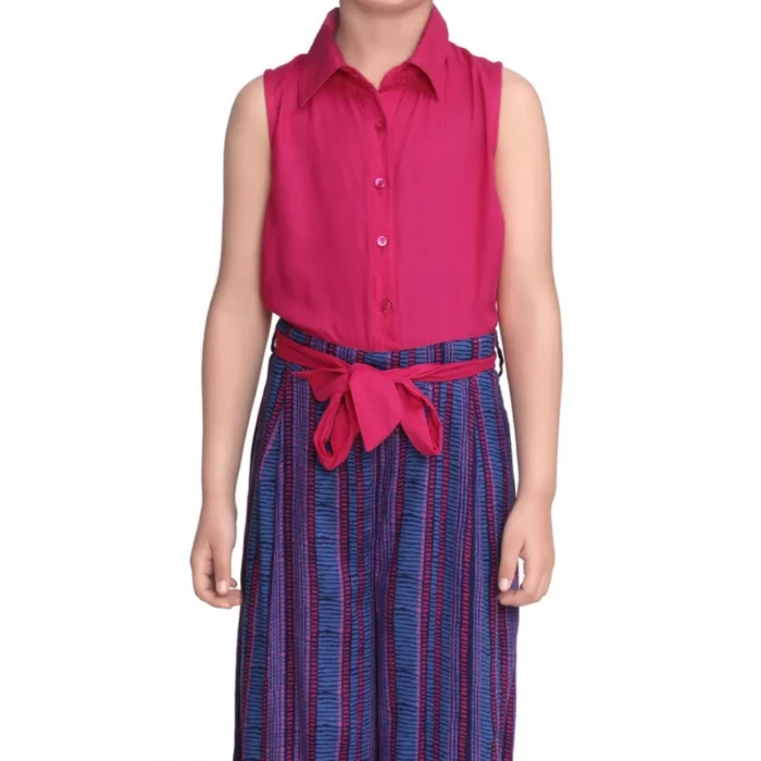 Girl’s Rayon Colour Block Sleeveless Jumpsuit (Pink-Blue)