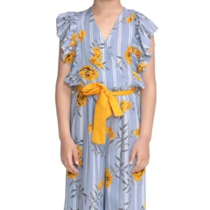 Girl’s Rayon Floral Flutter Jumpsuit (Blue-Yellow)