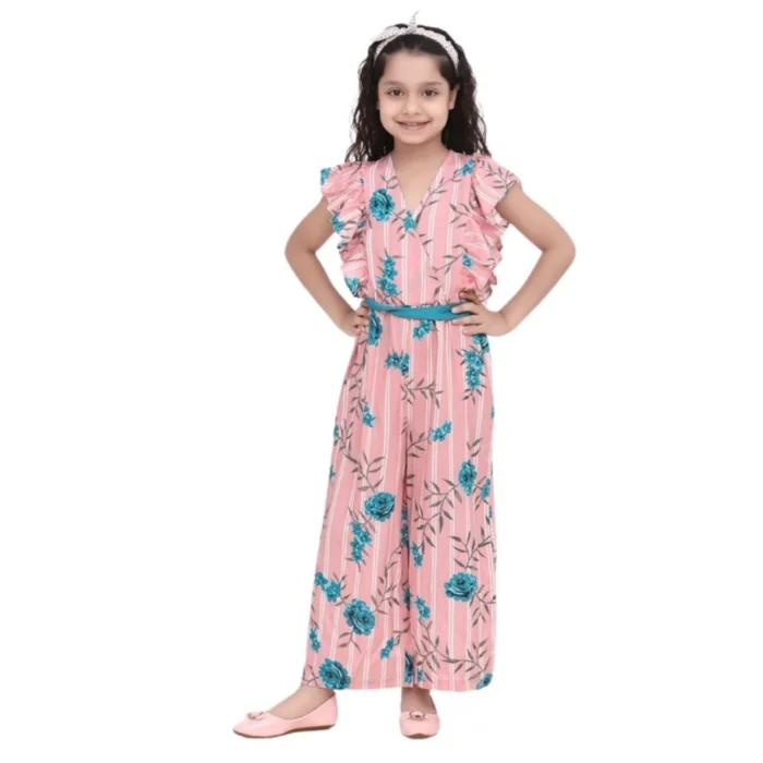 Girl’s Rayon Floral Flutter Jumpsuit (Pink-Blue) – view 5