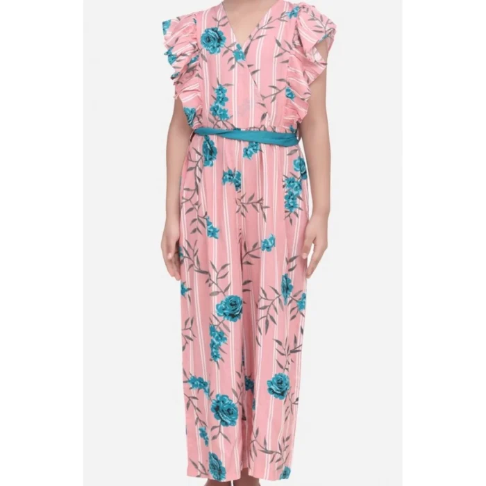 Girl’s Rayon Floral Flutter Jumpsuit (Pink-Blue)