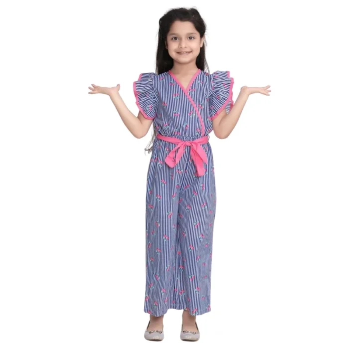 Girl’s Cotton Striped Flutter Jumpsuit (Blue-Pink) – view 5