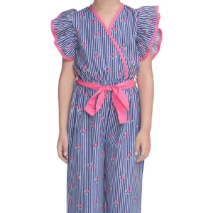 Girl’s Cotton Striped Flutter Jumpsuit (Blue-Pink)