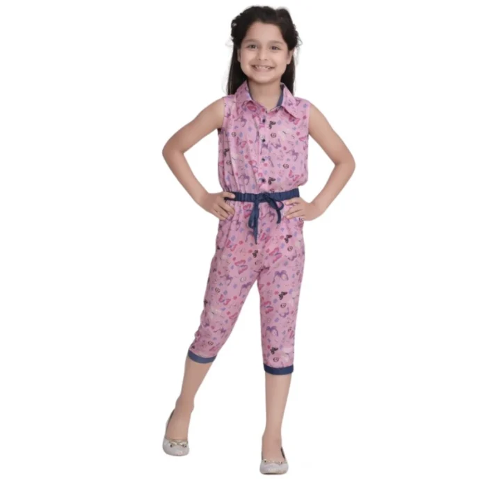 Girl’s Cotton Printed Sleeveless Jumpsuit (Pink) – view 5
